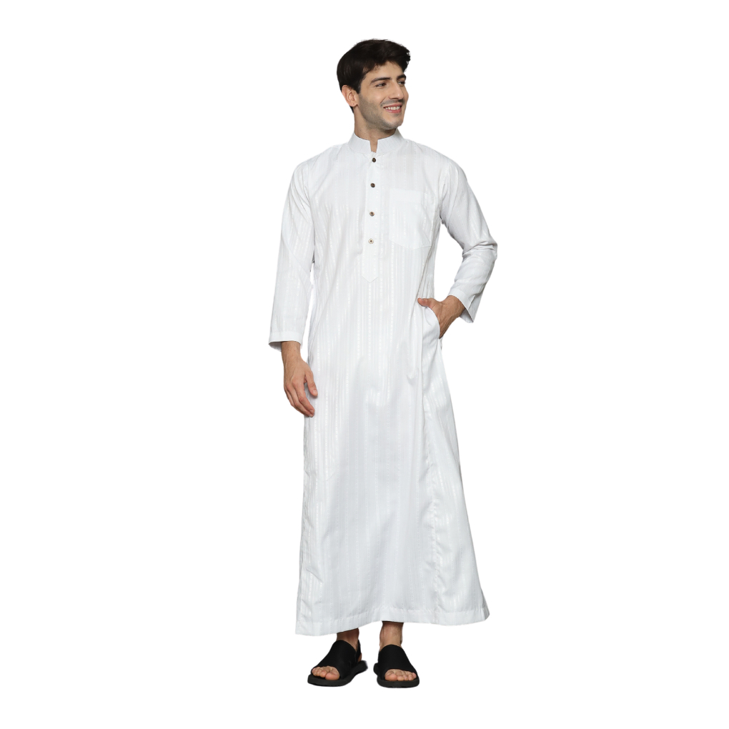 Gamis Pria Arab Jubah Pria Putih Thobe Motif Salur Lengan Panjang
