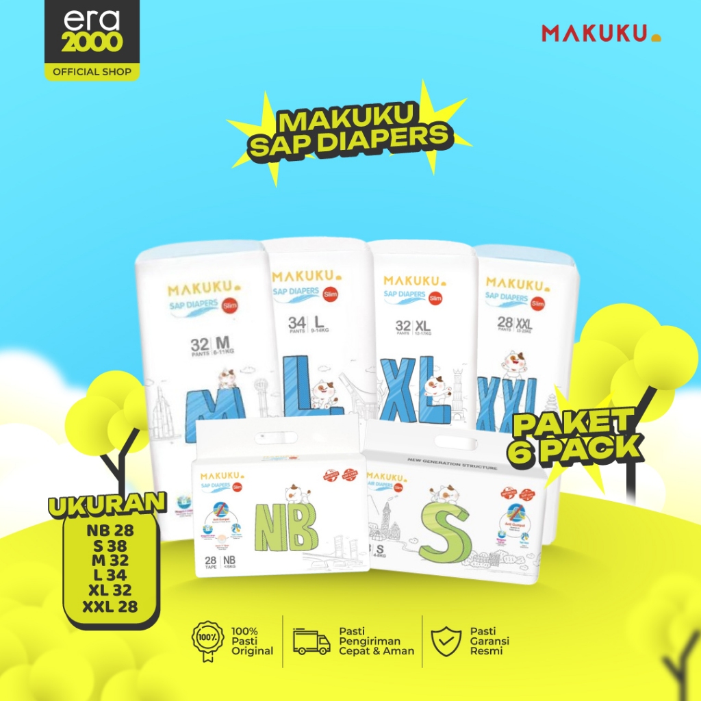 Era 2000 [6PACK] Makuku Slim Tape/Pants SAP Diapers NB28/S38/M32/L34/XL32/XXL28 Popok Bayi Popok Tip