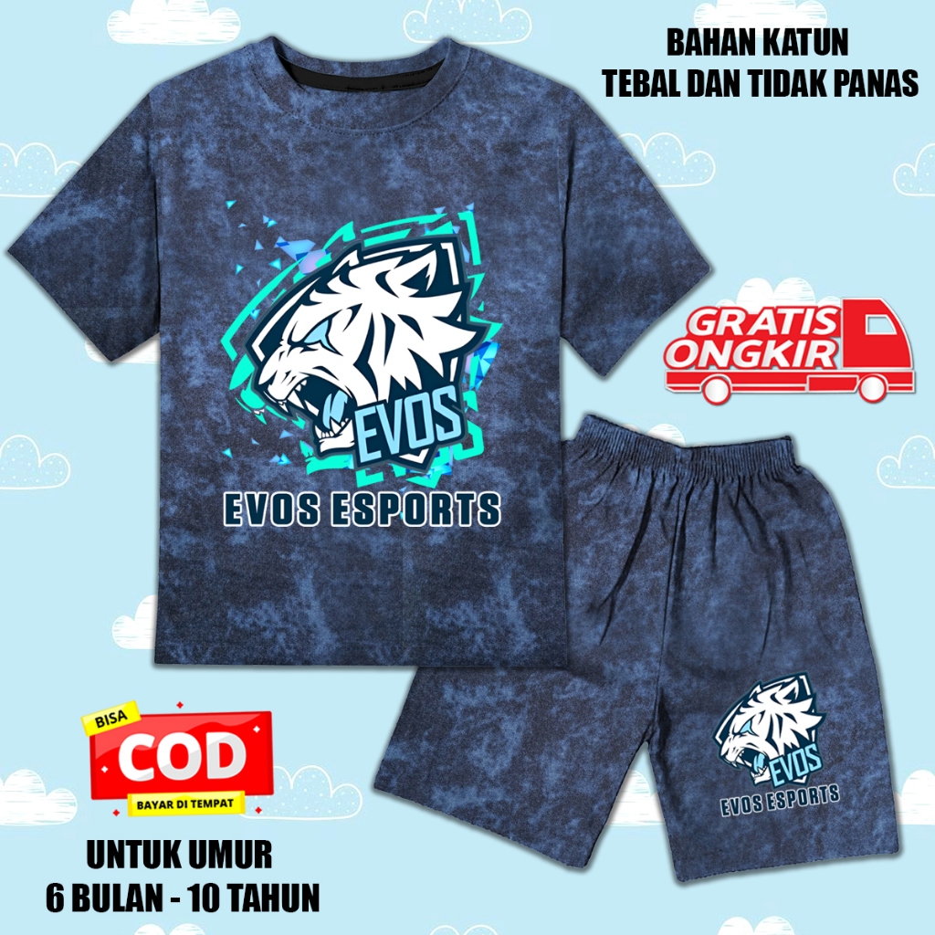 Setelan denim jeans printing lengan pendek anak laki laki perempuan set kaos anak evos 2