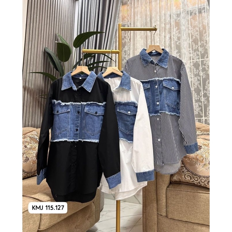 Kemeja katun kombinasi jeans / kemeja wanita mix jeans