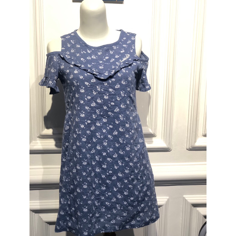 Preloved blouse / atasan wanita model sabrina biru mini dress