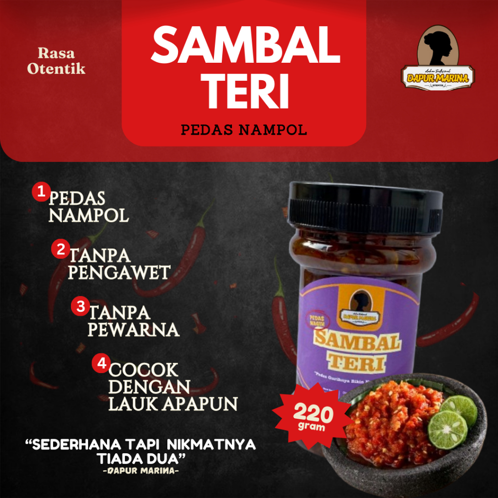 

Sambal Teri Pedas Tanpa Pengawet Sambel Halal Dapur Marina Otentik 220 gr BISA KIRIM LUAR KOTA