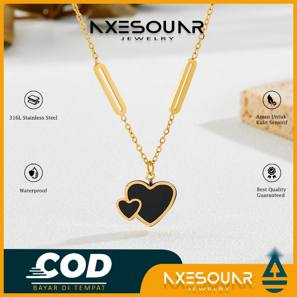 Kalung Wanita Titanium Anti Karat Fashion Love Hitam Liontin Lapis Emas Rantai Korea KT043RSTL