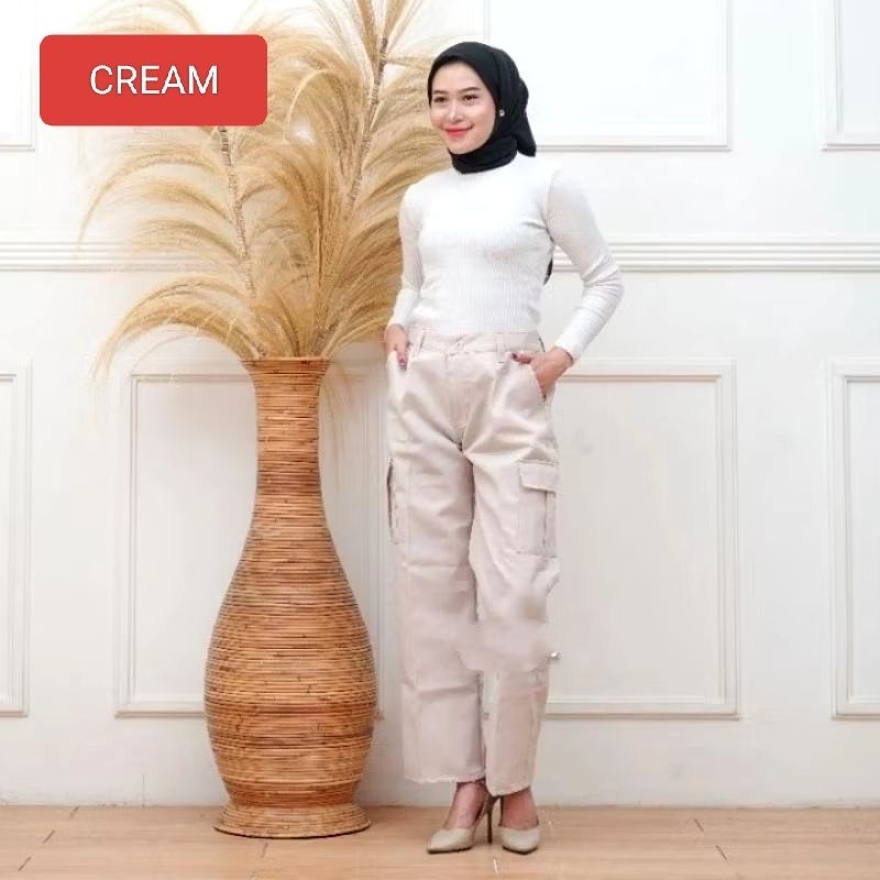 Celana Kulot Cargo Wanita Twill Combed Stretch Standar Jumbo