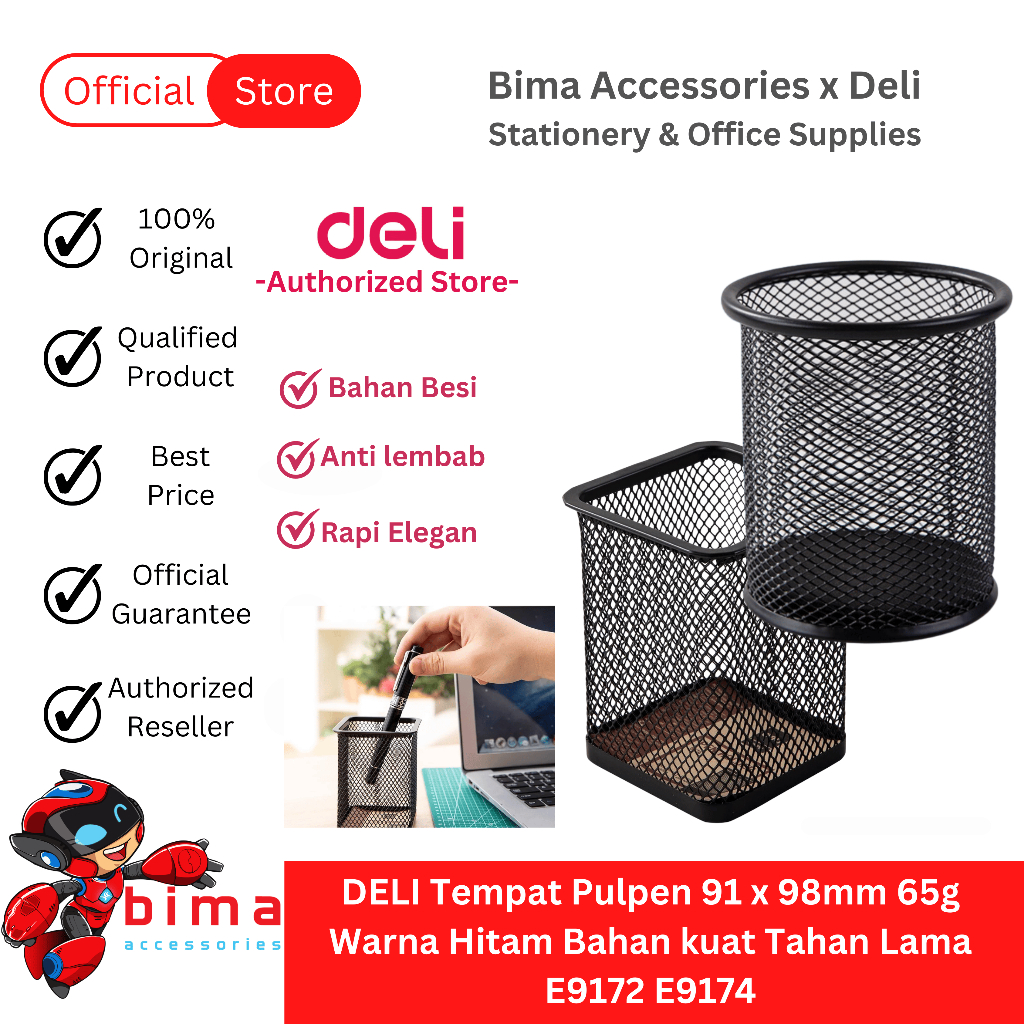 

DELI Tempat Pulpen Pensil Alat Tulis Bahan Besi Di Meja Kantor 91 x 98mm 65g Warna Hitam E9172 E9174