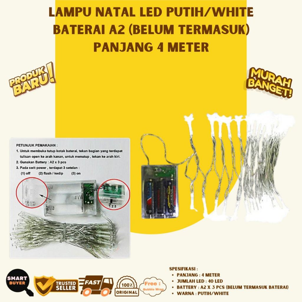 Lampu Pohon Natal 40 LED Kelap Kelip White/Putih Panjang 4 Meter Baterai