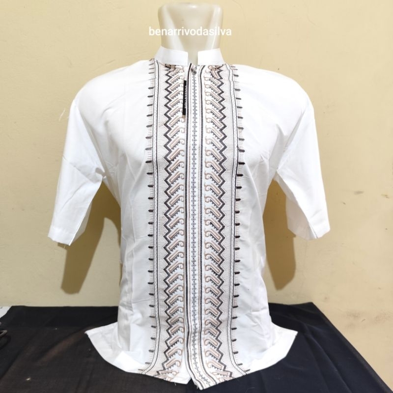 BAJU KOKO DEWASA LENGAN PENDEK PUTIH TULANG MOTIF