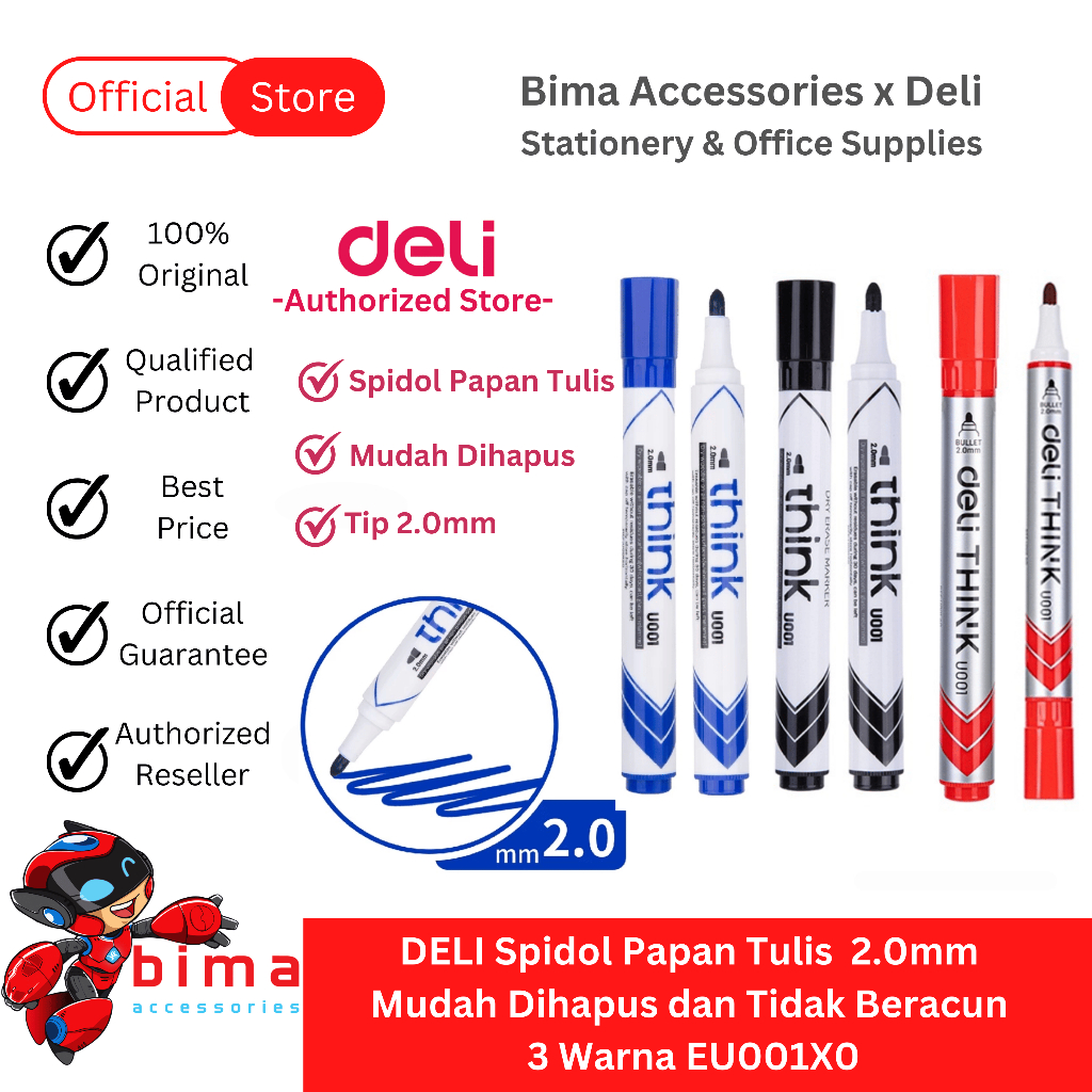 

DELI Spidol Marker Whiteboard Papan Tulis Tinta Hitam Biru Merah 3 Warna 2.0mm Mudah Dihapus EU001X0