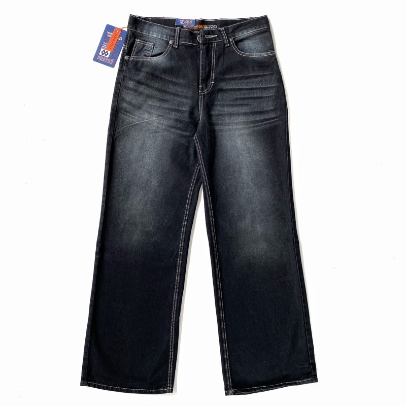 JINSYOU - Celana Jeans Wide Leg Wisker Gombrang Black Jazz Pria Loose fit jumbo keren Denim Oversize