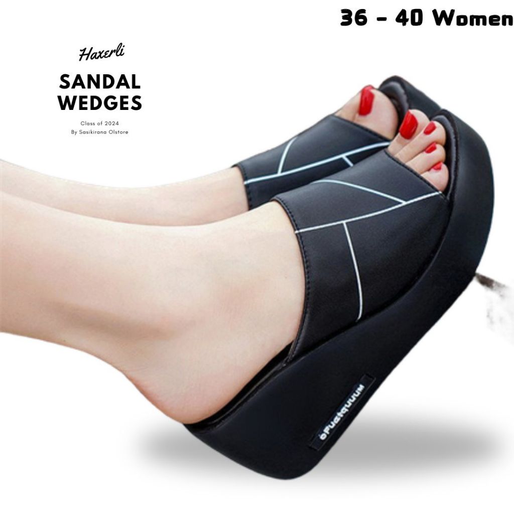 Sandal Wedges Wanita Import Motif garis Terbaru Sandal Wedges Wanita Kondangan Sandal Wanita Slip On