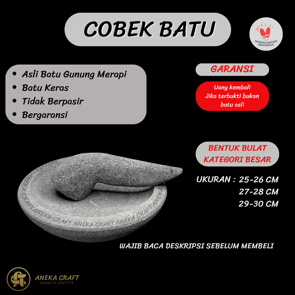 Cobek Batu Asli Kualitas Super Ukuran Besar Free Ulekan