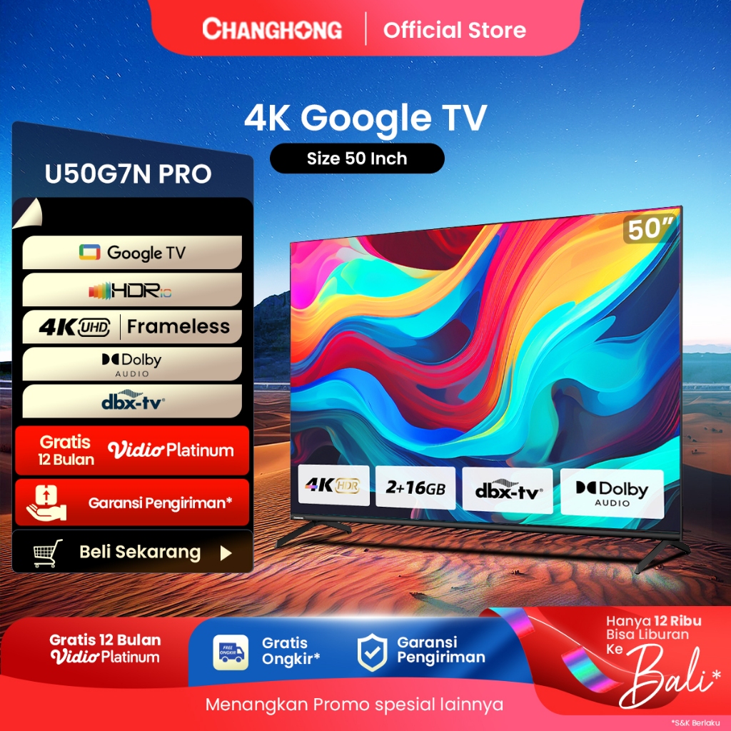 Google TV  Changhong 50 inch Smart TV 4K UHD-HDR10+DBX Dolby Audio Google Assistant  Netflix Youtube