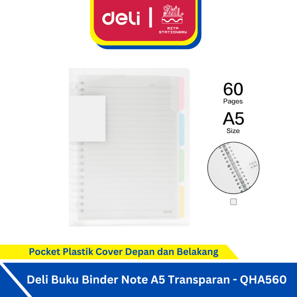 

Buku Binder Note A5 Deli Transparan / Loose Leaf Notebook Clear Cover - QHA560
