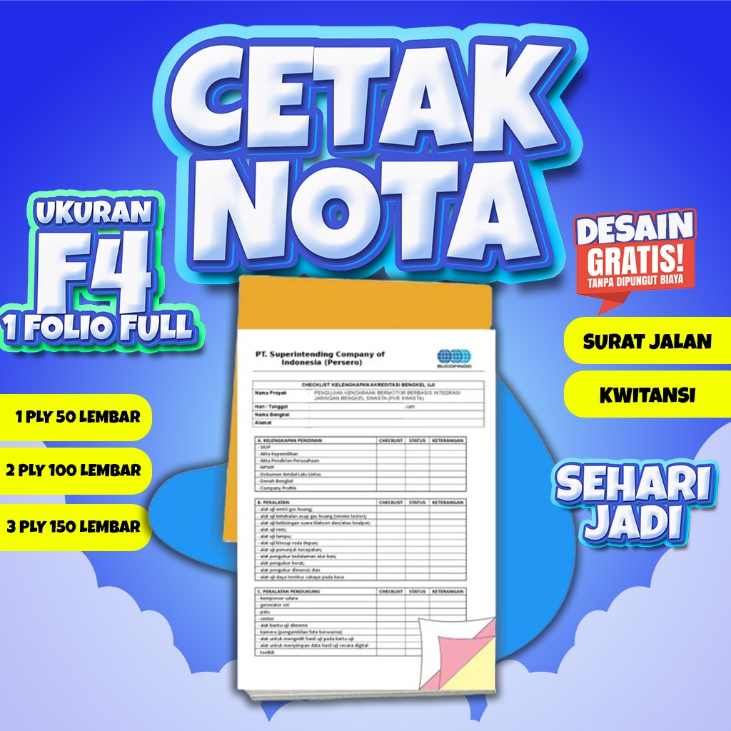 

Cetak Nota surat jalan faktur isi 150 lembar Full Colour 3 Ply Ukuran F4