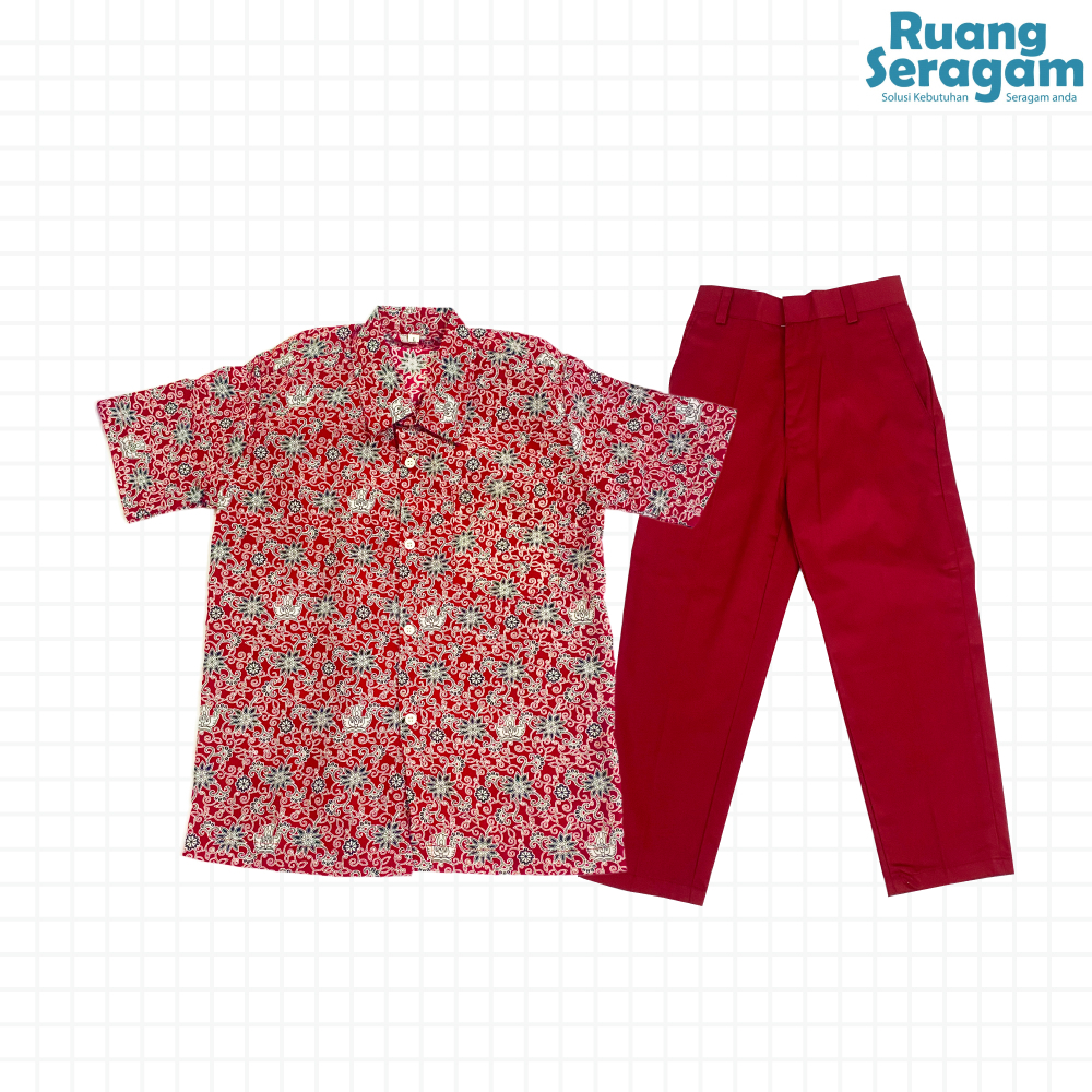 Seragam Batik Sekolah Dasar (SD) Motif Bunga Rampe Satu Set Celana Merah