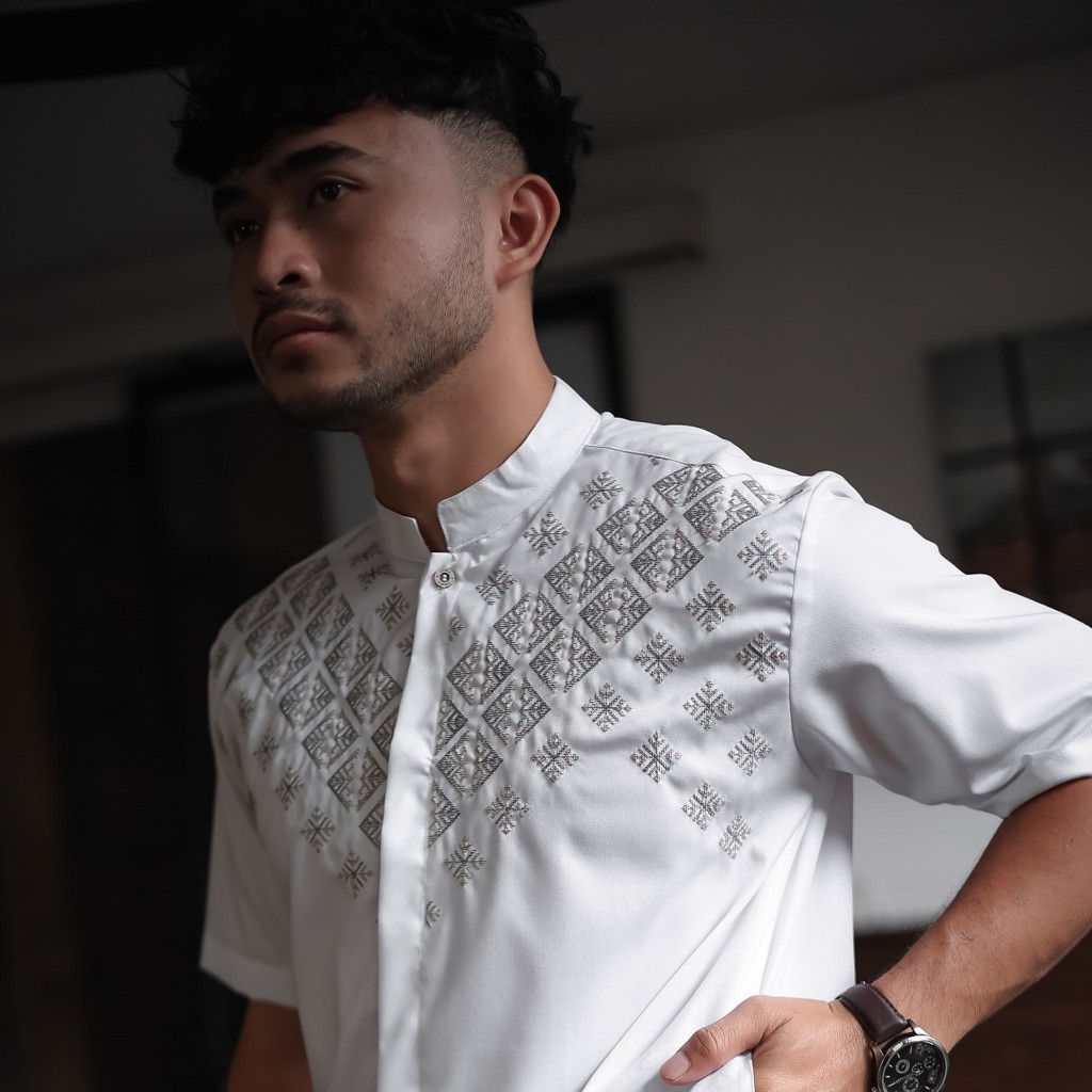 DISKON KOKO.UZMA BAJU KOKO DEWASA SAKU SAMPING PUTIH TULANG BORDIR