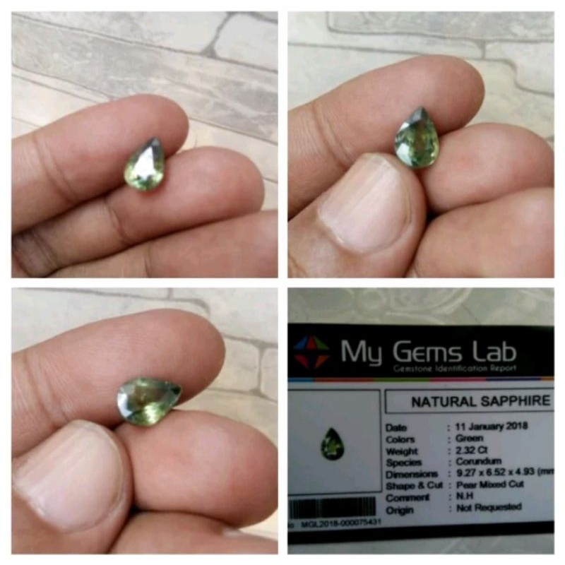Batu mulia green sapphire safir hijau no heat 2,32 karat