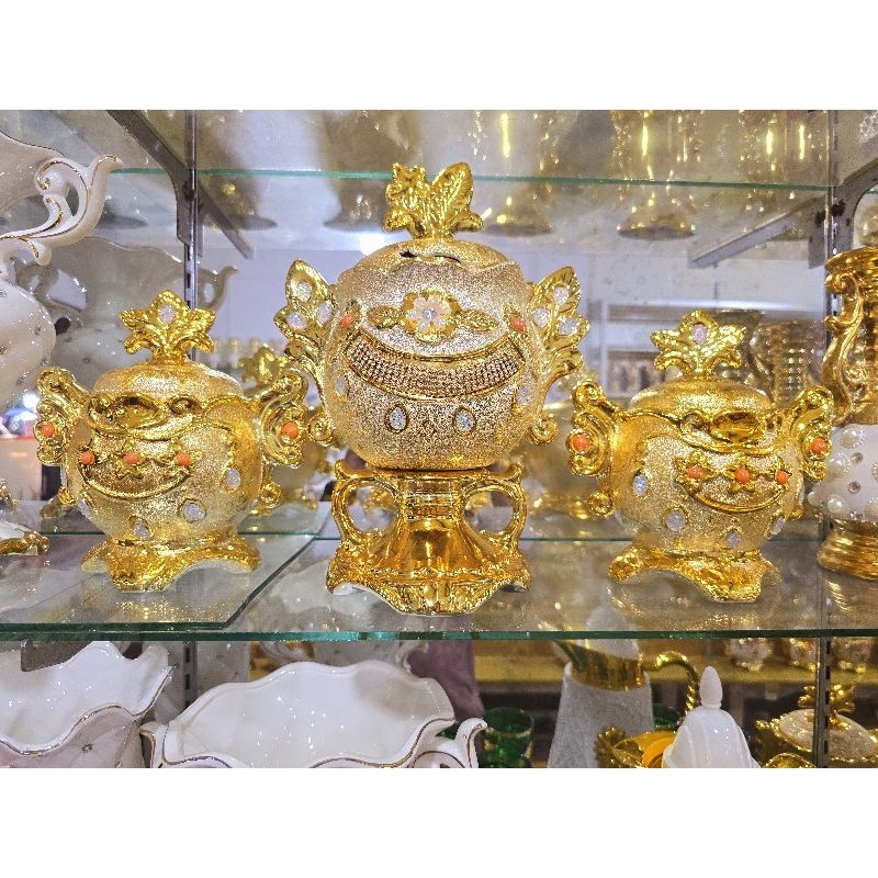 pajangan keramik hias set 3 gold mewah / pajangan keramik import / pajangan lemari hias