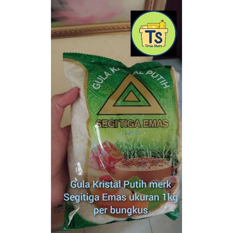 

RB gula kristal putih merk segitiga emas @1kg per dus isi 20kg(20 bungkus)