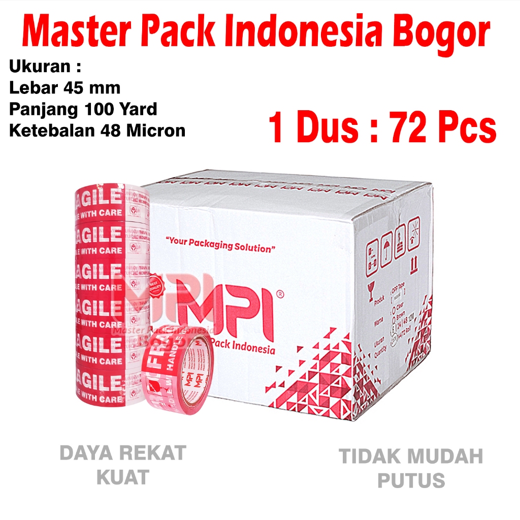 

1 Dus / 72 PCS - Lakban Fragile Merah Putih 45 mm x 100 yard - Lakban Fragile UNBOXING - MPI Bogor