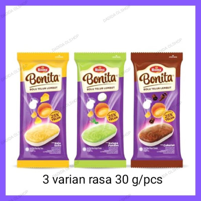 

Roma bonita bolu telur rasa cokelat, kelapa pandan dan keju susu 30g/pcs