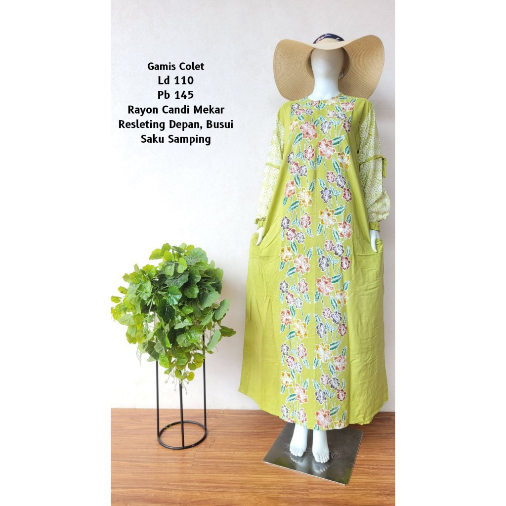KESHWARI Gamis Batik Cap Colet Ld 110 Pb 145 Rayon Premium Candi Mekar Jumbo Busui Lengan Panjang Wu