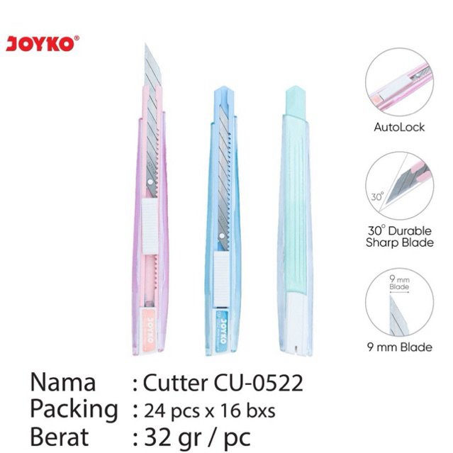 

Joyko Cutter CU-0522 / Cutter mini 30 derajat / Kater Kecil CU0522 warna Pastel Auto Lock