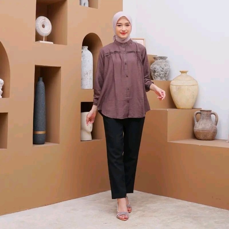 ARYANI blouse polo linen jumbo wanita dewasa - blouse polo linen ld 130cm