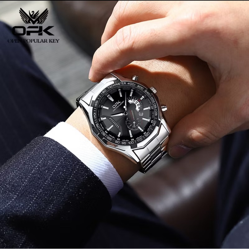 OPK 8108 Jam Tangan Pria Anti Air Original Anti Karat Luxury Bercahaya Kalender Multifungsi Quartz W