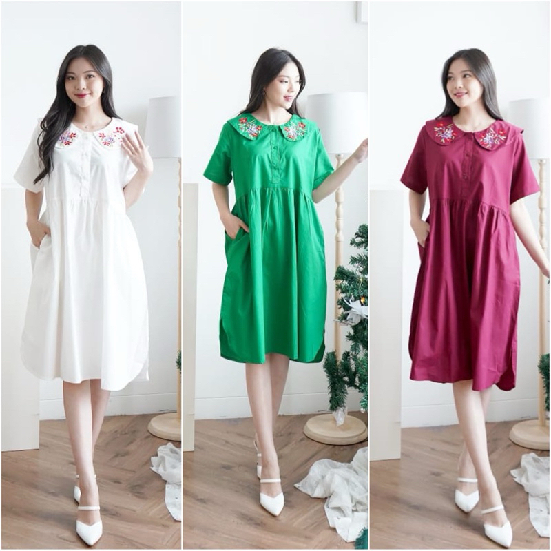 Foria 2651 dress - terusan katun wanita casual korea merah hijau natal imlek