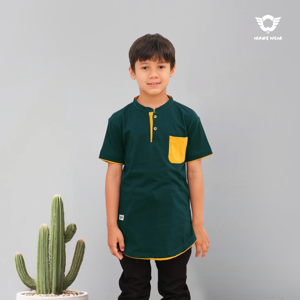 ORKIDS Baju Kaos Kurta Anak Kerah Shanghai Quaz Green Muztard