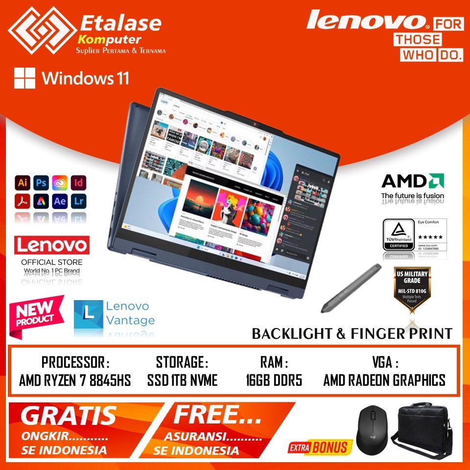 Promo Lenovo touchscreen Idepad 5 AMD Ryzen 7 8845HS RAM16GB 1TB ssd Backlight Keyboard Terlaris