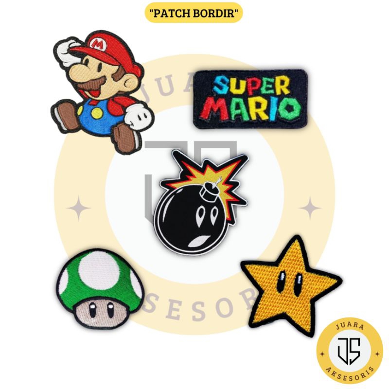 Patch Bordir Jahit Gambar Karakter Super Mario Logo Iron Patch Bordir Jahit