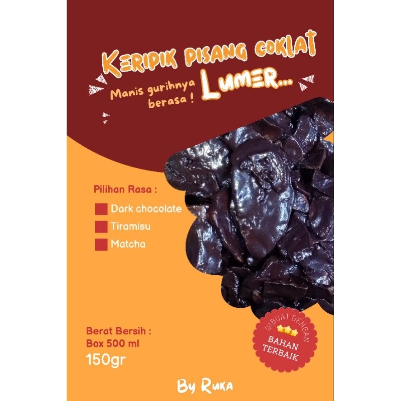 

Keripik pisang coklat lumer By Ruka | Rasa Dark chocolate + Matcha + Tiramisu | Berat 150 gr | UK 500 ml