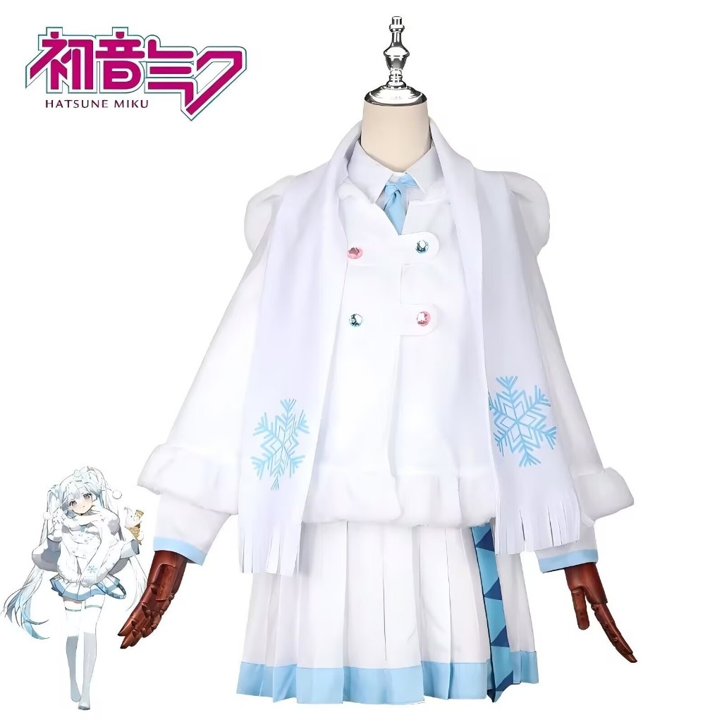New 2024 Snow Miku Cosplay Costume Wig Sweet Shawl Dress Halloween Party Christmas Outfits for Women