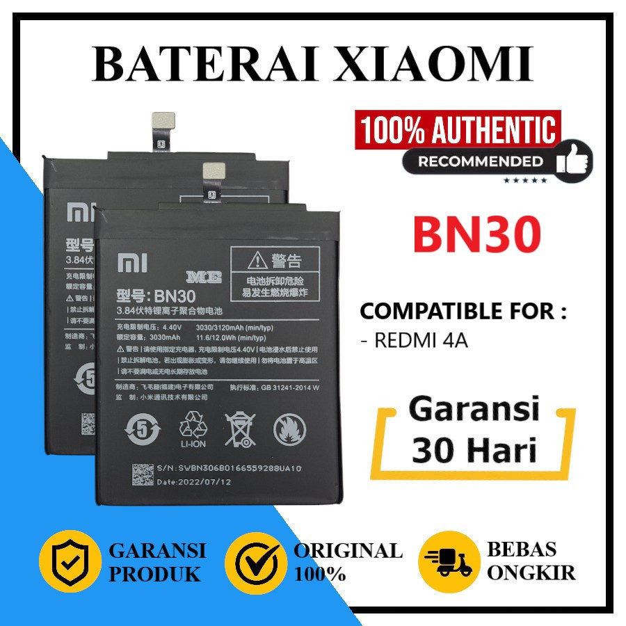 Baterai Xiaomi For Redmi 4A BN30 Original ME