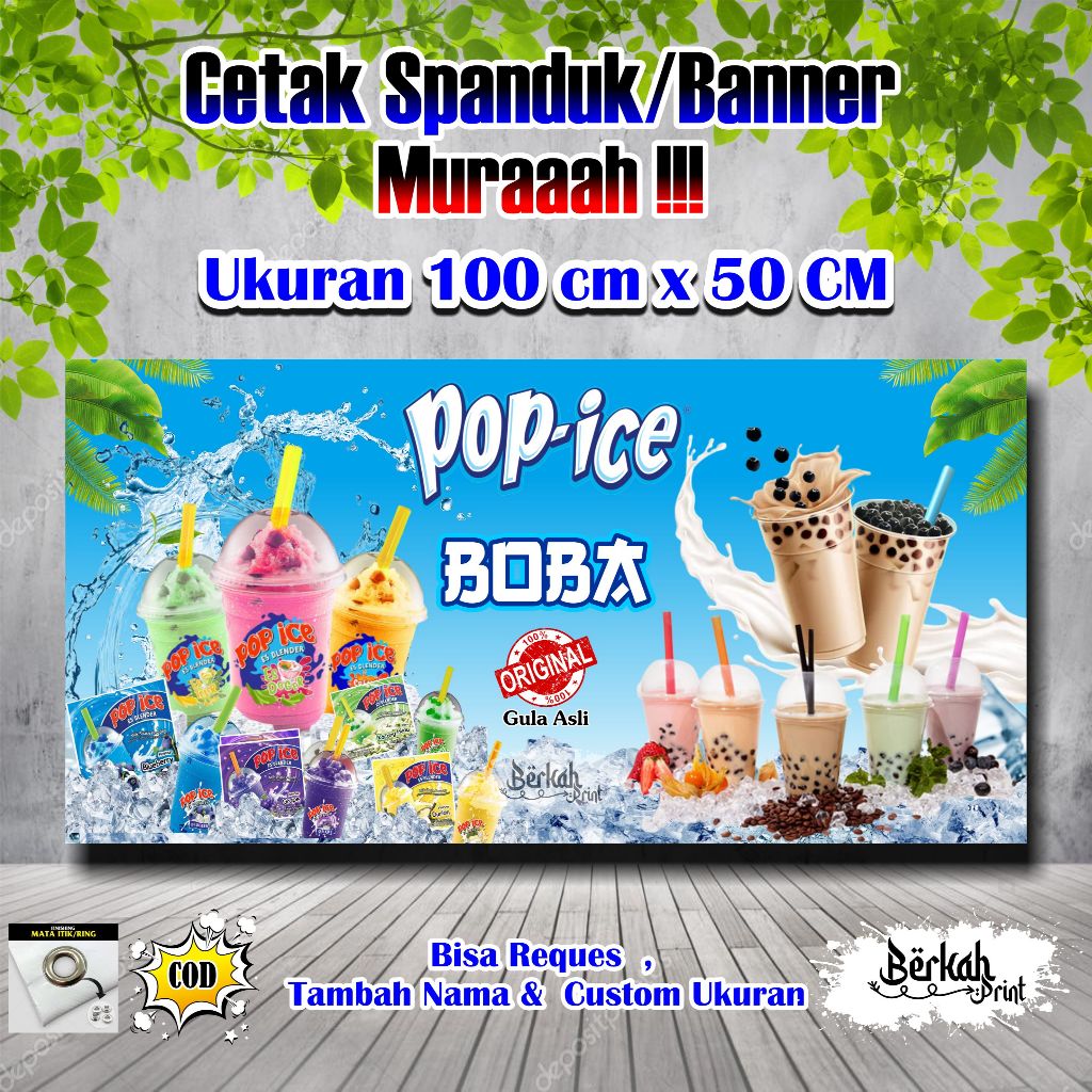 Spanduk Banner Pop Ice & Boba Ukuran 100 cm x 50 cm