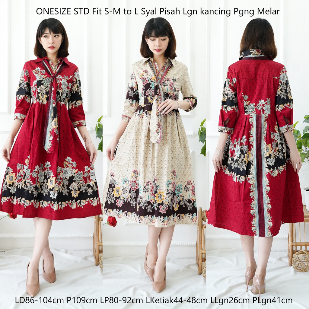 Midi Dress Batik Jumbo Wanita Merah Terusan Super Bigsize Katun Karet Belakang Gaun Natal Dewasa