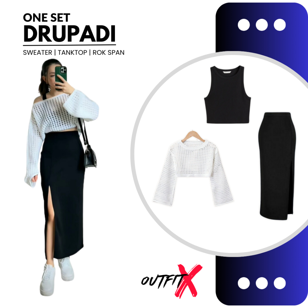 Outfit Wanita Kekinian Korean Style 3in1 Sweater Rajut Jaring Tank Top Rok Span OOTD One Set Drupadi