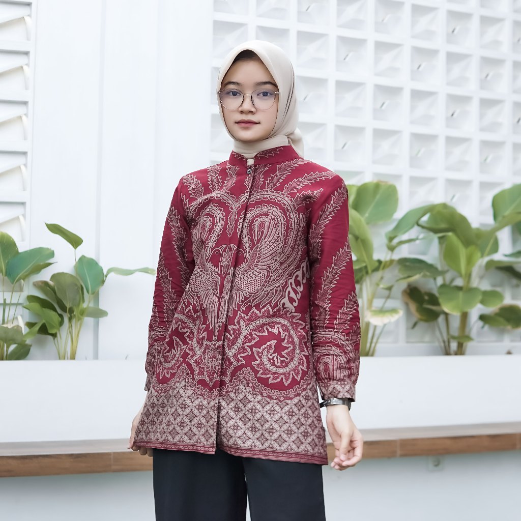 Atasan Blus Kemaja Batik Wanita Kerja Kantor Motif Riyanti Modern Kekinian Katun Lapis Trikot Waffle
