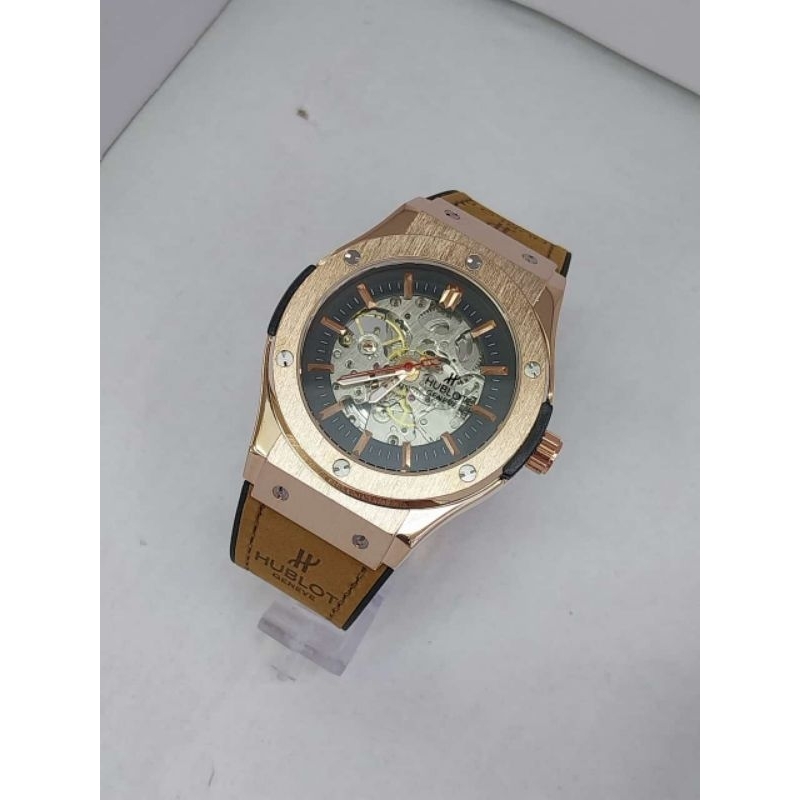 Jam Tangan Hublot Skeleton Tourbillon Automatic Otomatis Leather Kulit Super Jam Tangan Pria