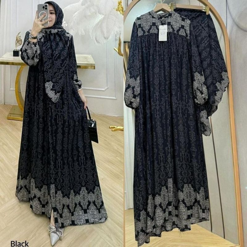 Gamis Set Hijab Rayon Motif Etnik Baju Lebaran Wanita