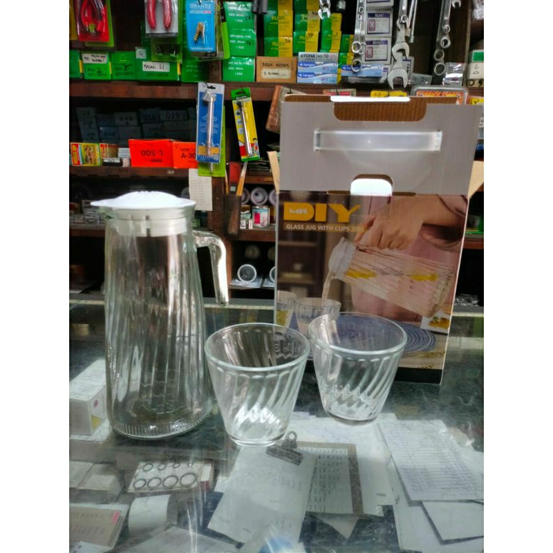 Mr. DIY glass jug 3in1 cantik estetis, dan 2 pcs gelas dan 1 pcs teko,