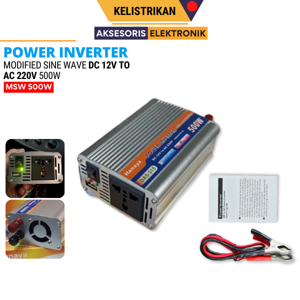 HANAYA 500 Watt Inverter Mobil 12V ke 220V DC ke AC Non PSW/Pure Sine Wave - Silver