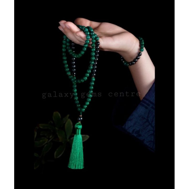 Tasbih 108 Kalung Japamala Green Malachite X Hematite