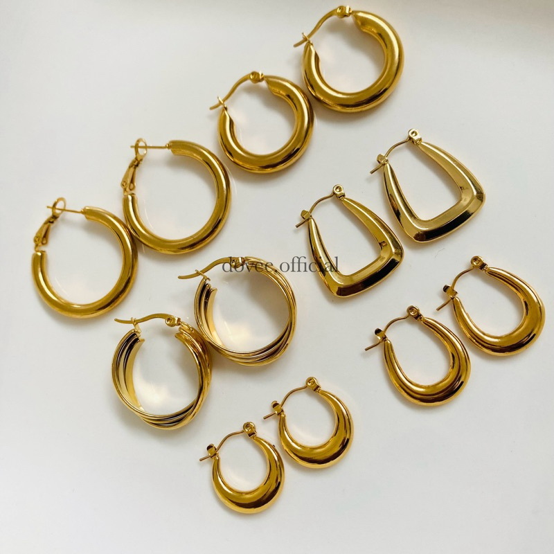 TITANIUM Basic Hoop Earring | anting jepit besar big bold giwang stud polos croissant cantik gold - 