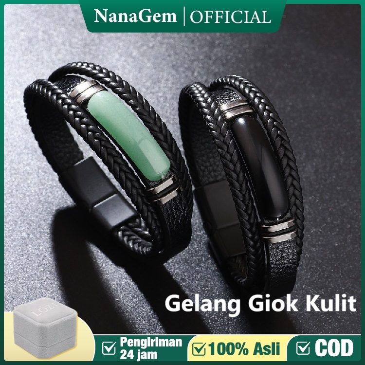 【HOT Promo】Gelang kulit pria batu hijau hitam gelang batu obsidian kulit premium gelang pria keren b