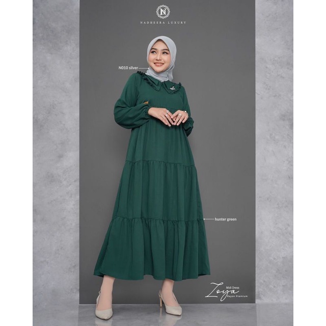 Terbaru Gamis Nadheera Luxury Zoya Midi Drees Hunter Green Rayon premium