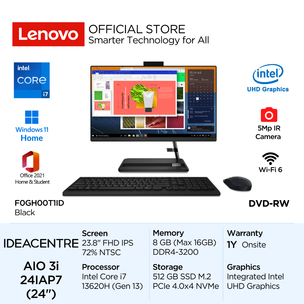Lenovo PC IdeaCentre AIO 3i 24IAP7 T1ID Intel Core i7 13620H Win11 8GB 512GB SSD 23.8" FHD IPS 250ni
