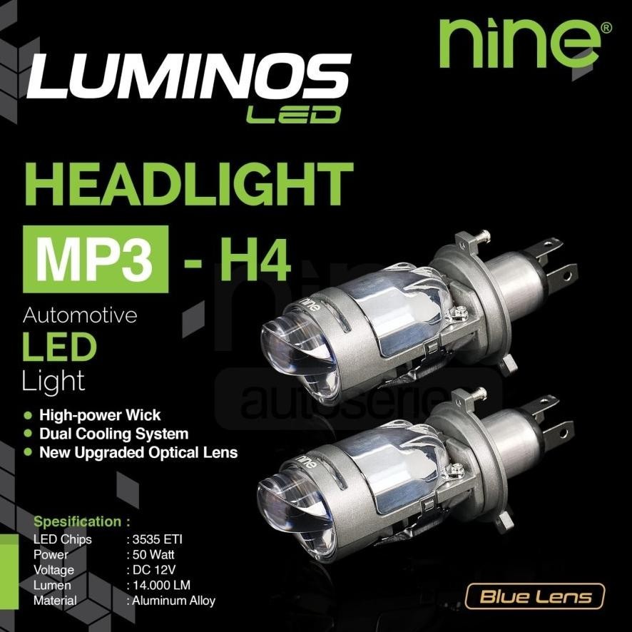 Lampu Led H4 Mobil Luminos tipe Mp3 50 Watt Warna Putih Mini Biled Laser Blue Lens dengan Pendingin 